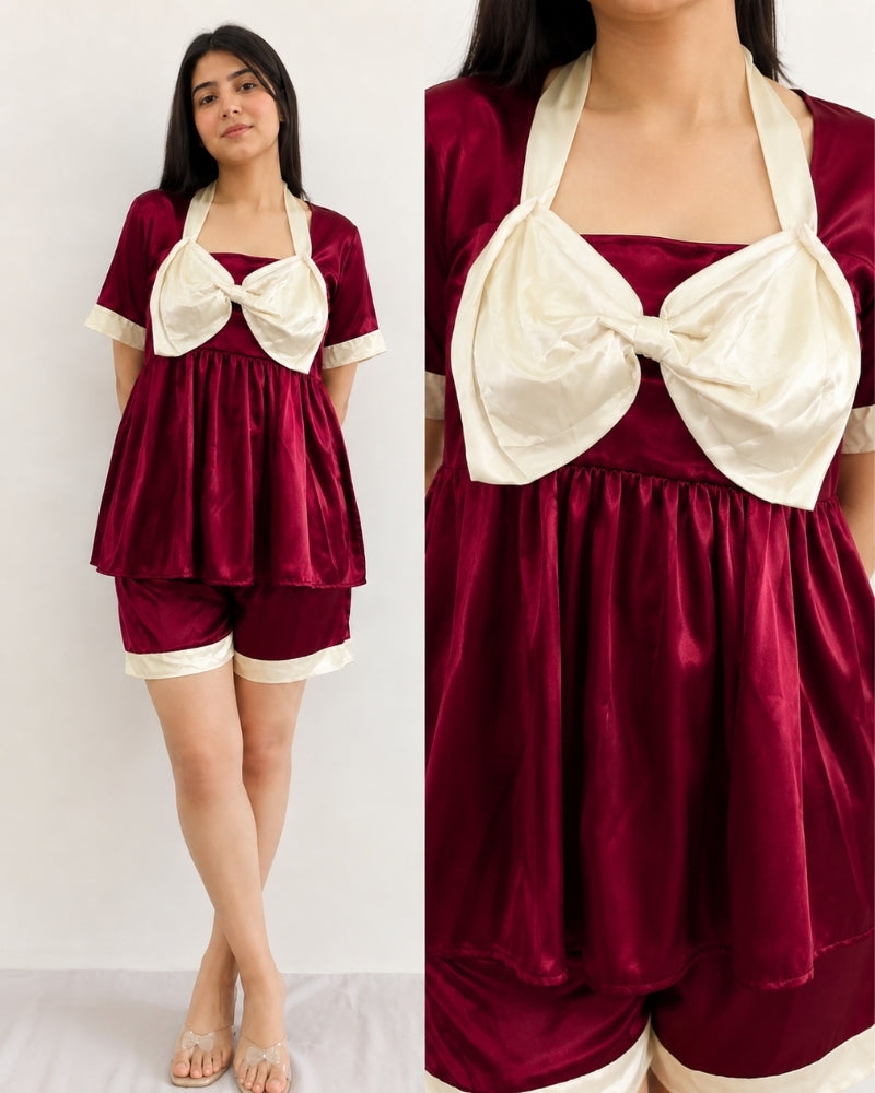 Burgundy Bow Satin Shorts Nightwear Set