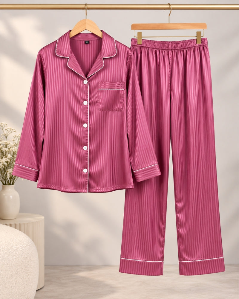 Rose Pink Stripe Satin Pajama Set