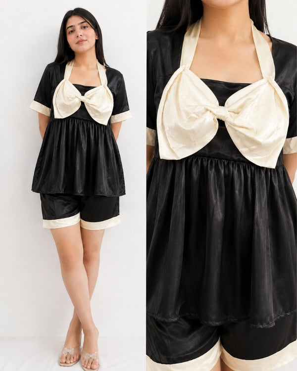 Classic Black Bow Satin Shorts Nightwear Set