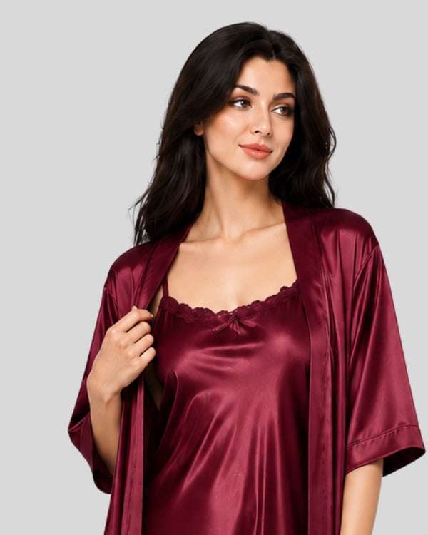 Maroon Elegance Silk 2-Piece Nightwear Set