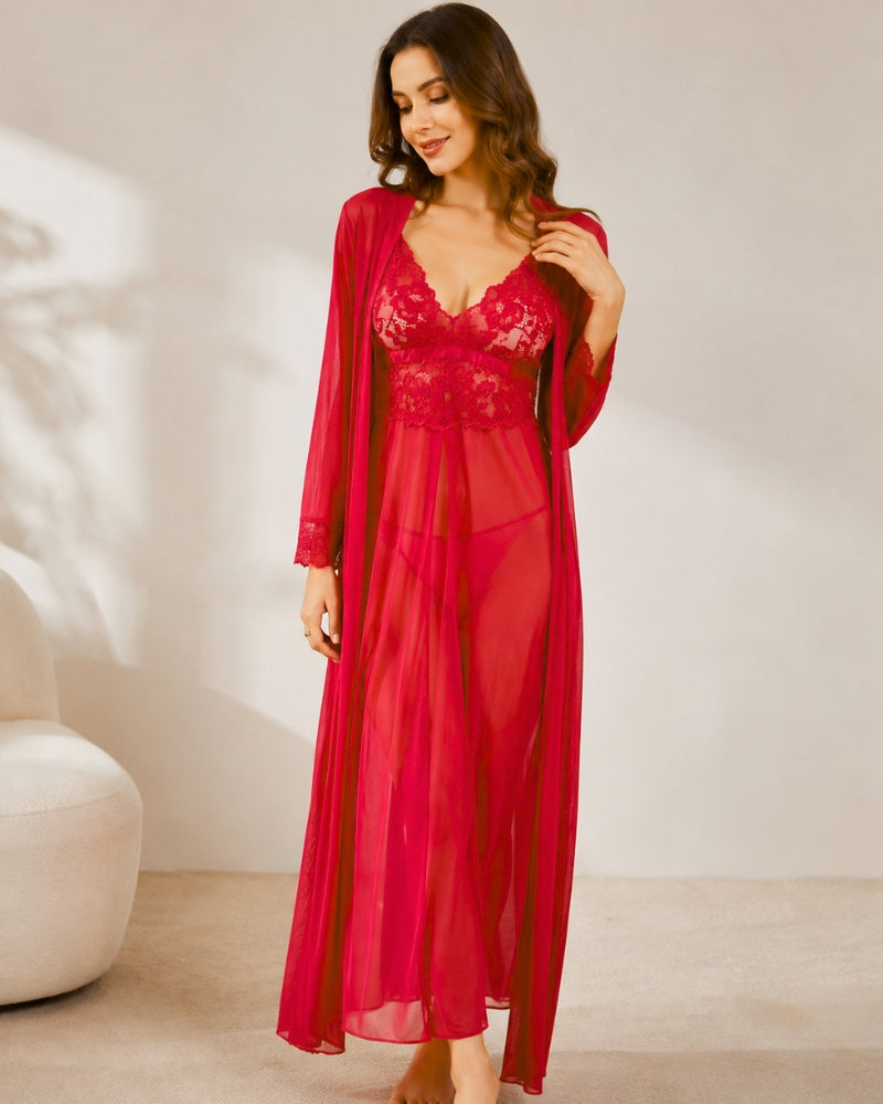 Scarlet Lace Robe Nightgown Set