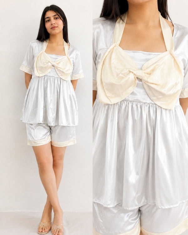 Ivory Bow Satin Shorts Nightwear Set