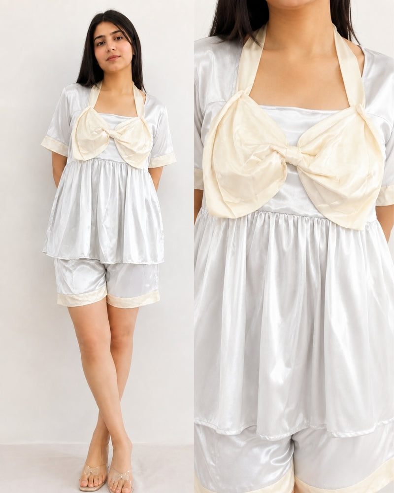 Ivory Bow Satin Shorts Nightwear Set