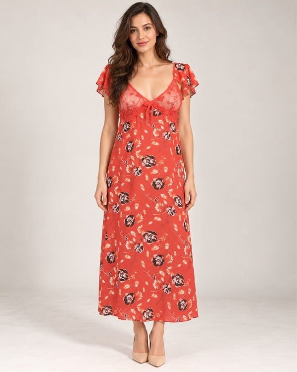 Coral Bloom Lace Maxi Nightdress