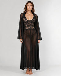 Midnight Black Lace Robe Nightgown Set