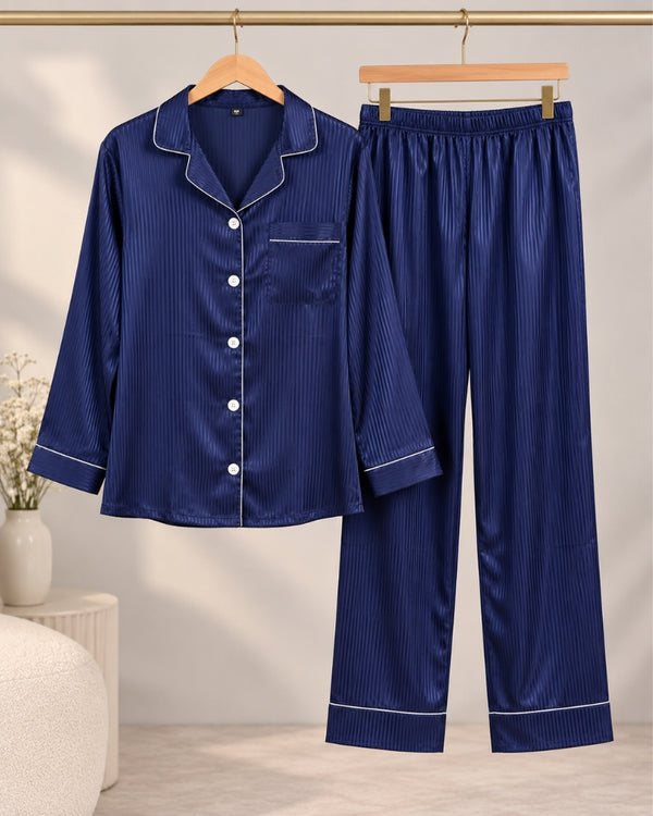 Midnight Navy Stripe Satin Pajama Set