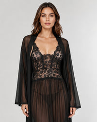 Midnight Black Lace Robe Nightgown Set
