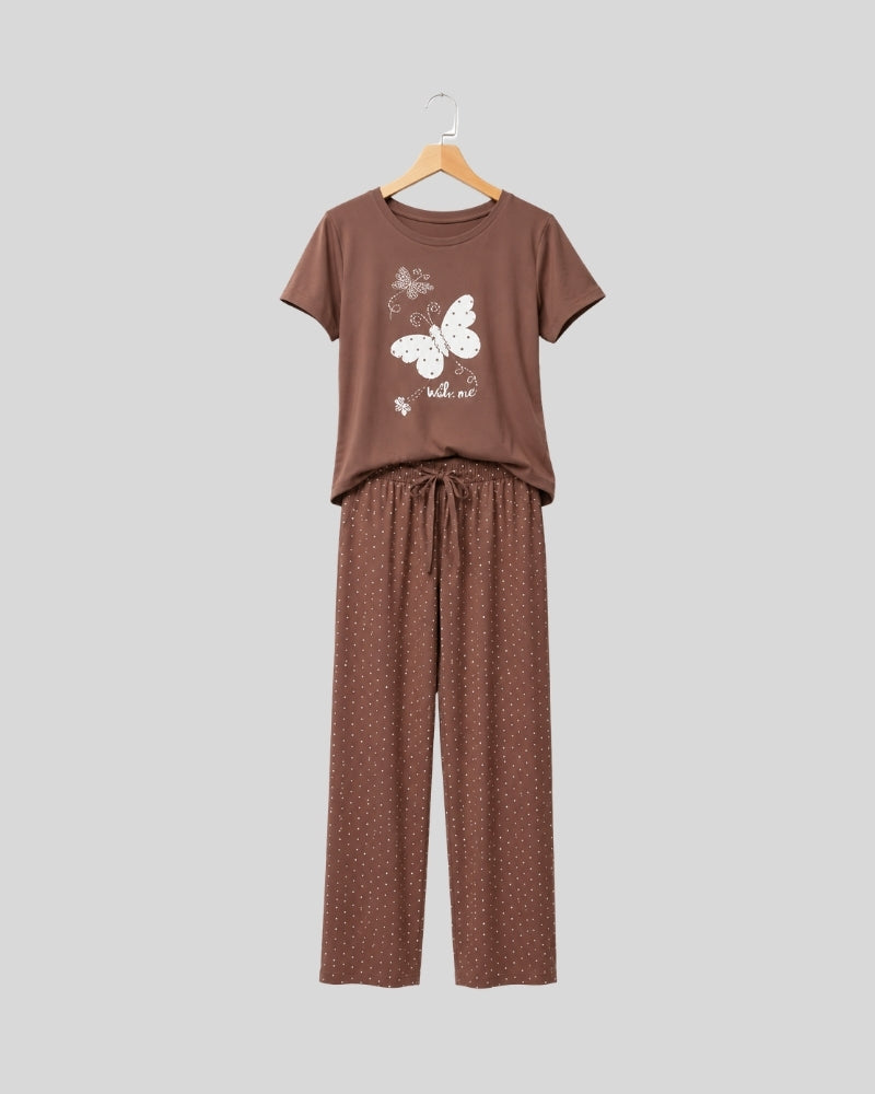 Butterfly Bliss Printed PJ Set ( Brown Butterfly )