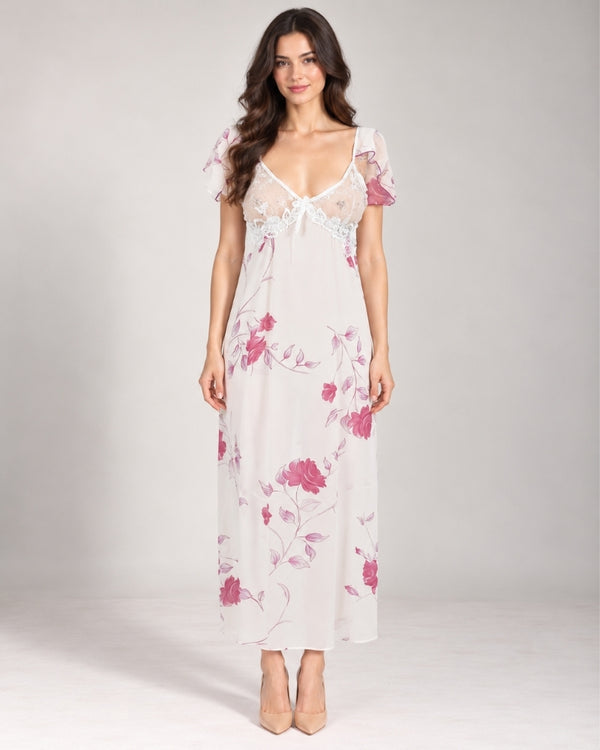 Ivory Purple Bloom Lace Maxi Nightdress