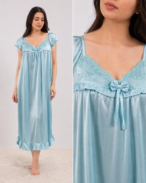 Aqua Blossom Lace Satin Maxi Nightdress