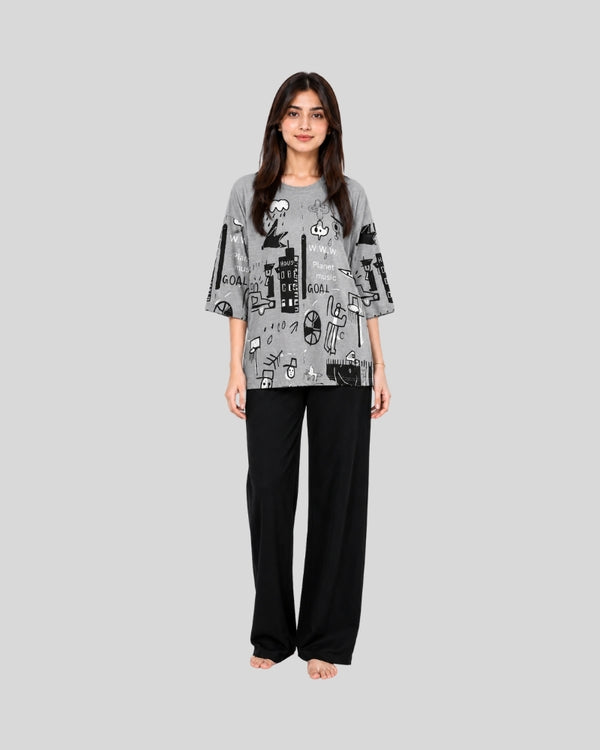 Midnight Sketch Printed PJ Set ( Grey Planet )