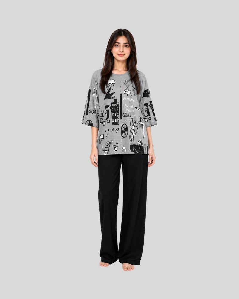 Midnight Sketch Printed PJ Set ( Grey Planet )