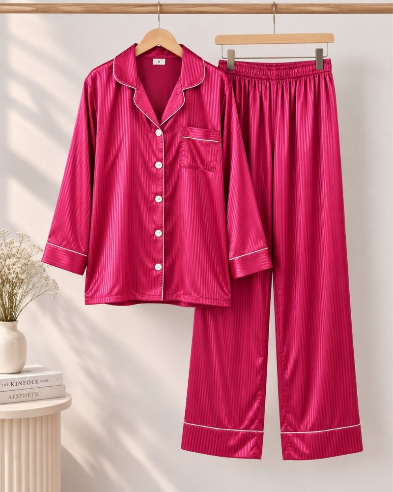 Fuchsia Stripe Satin Pajama Set