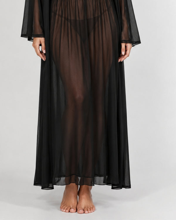 Midnight Black Lace Robe Nightgown Set