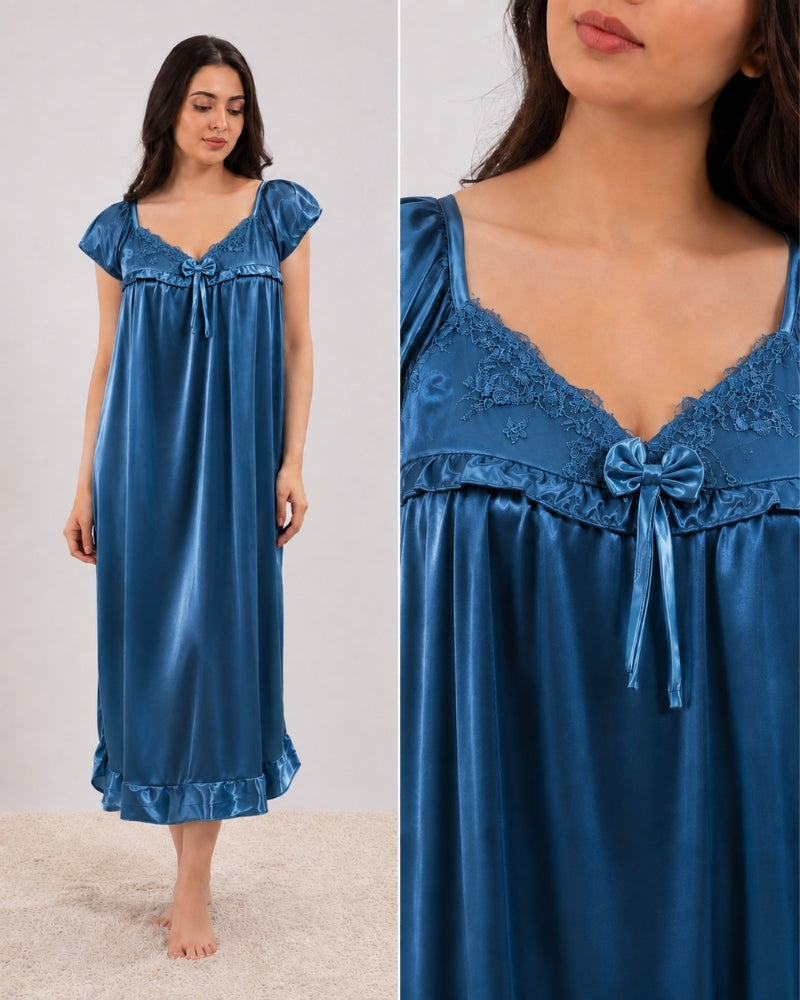 Ocean Blue Blossom Lace Satin Maxi Nightdress