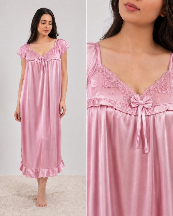Blush Pink Blossom Lace Satin Maxi Nightdress