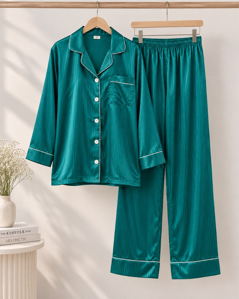 Teal Stripe Satin Pajama Set