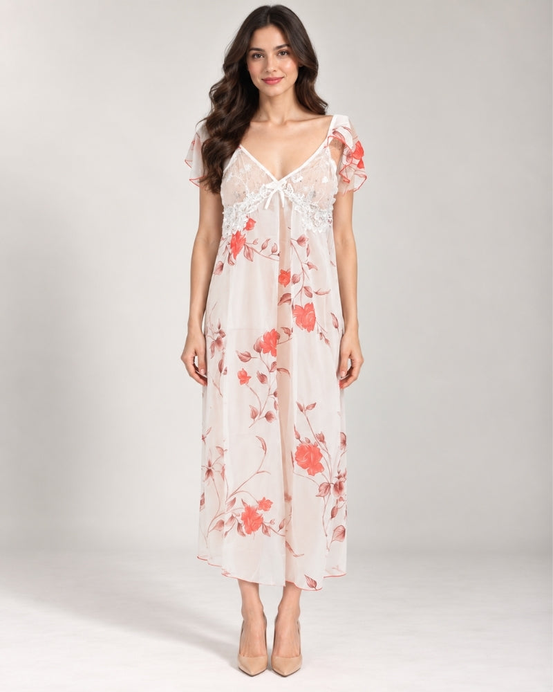 Ivory Coral Bloom Lace Maxi Nightdress