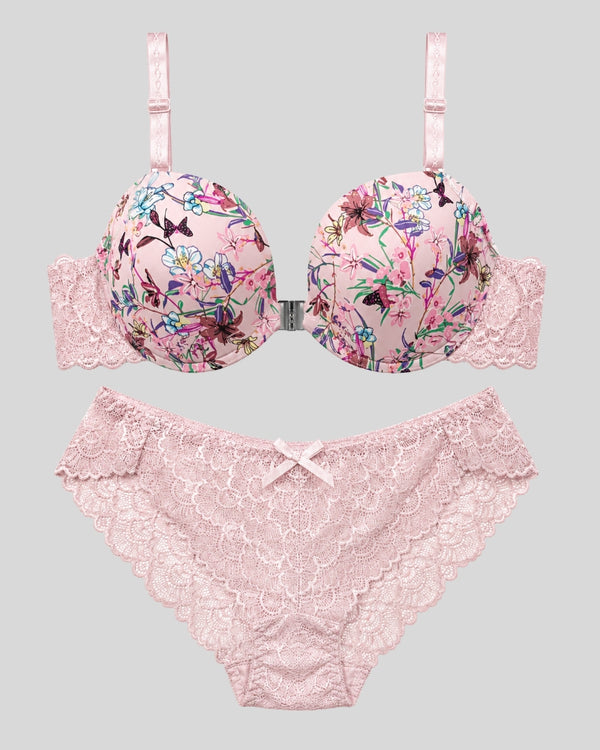Blush Pink Floral Lace Push-Up Bra & Panty Set
