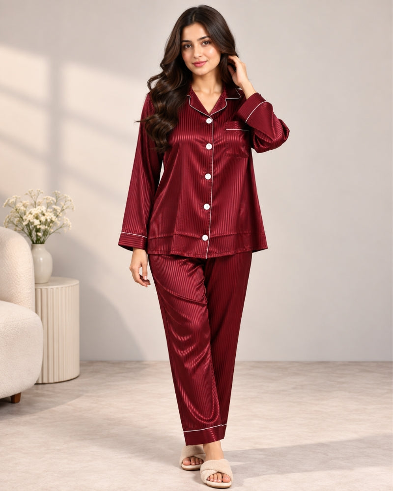 Wine Burgundy Stripe Satin Pajama Set