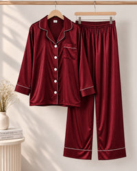 Wine Burgundy Stripe Satin Pajama Set