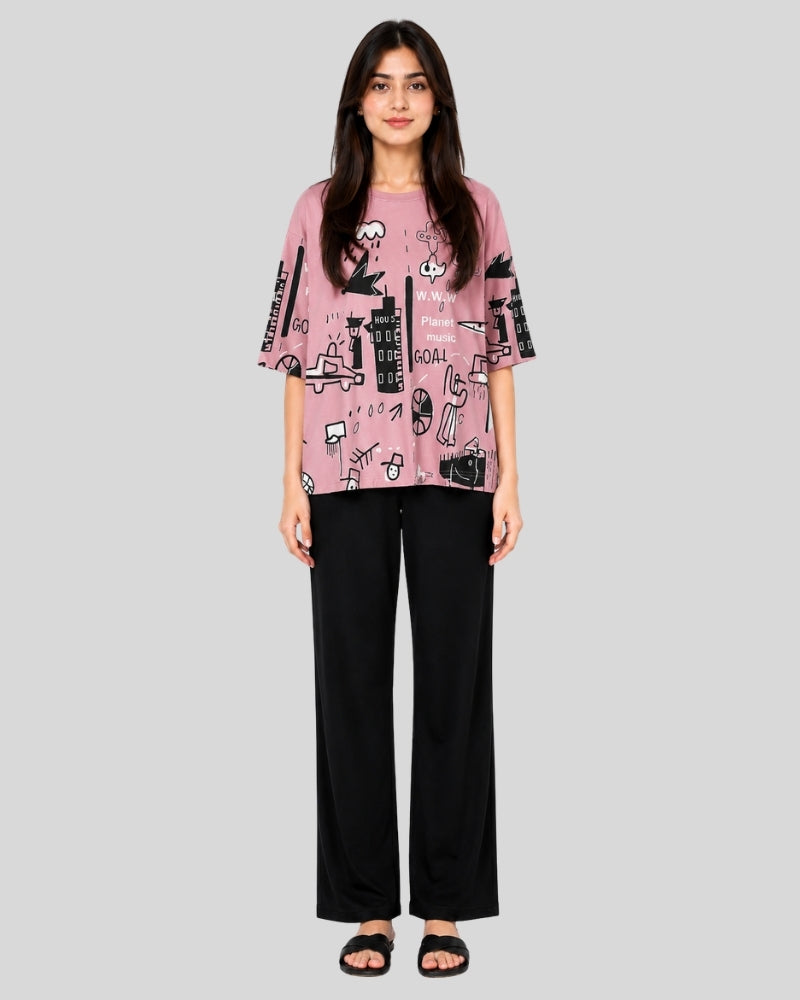 Pink Sketch Printed PJ Set ( Pink Planet )