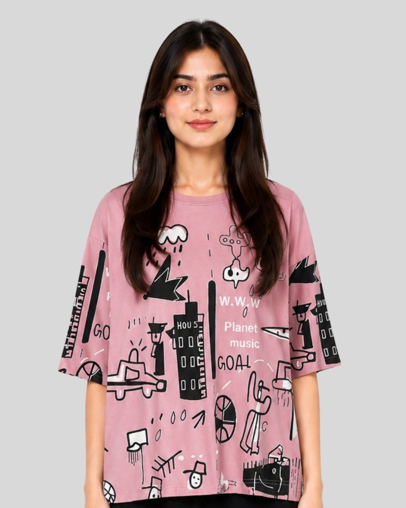 Pink Sketch Printed PJ Set ( Pink Planet )