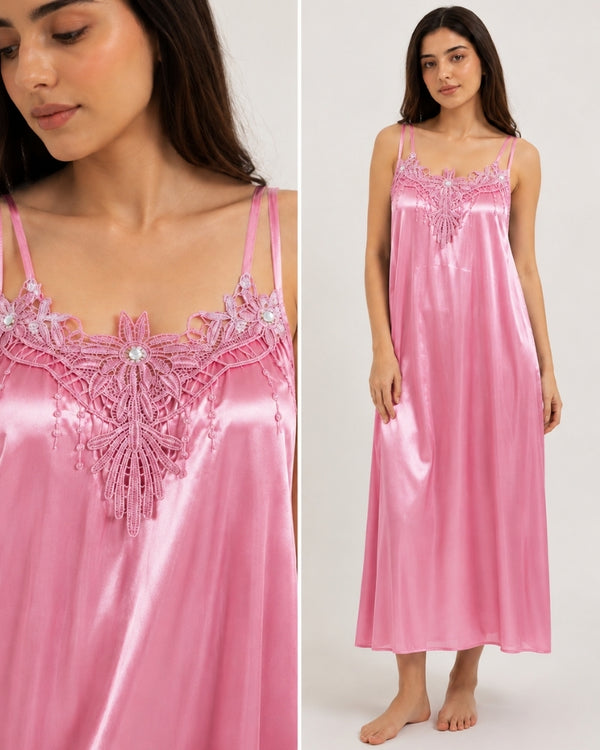 Rosy Bloom Satin Maxi Nightdress