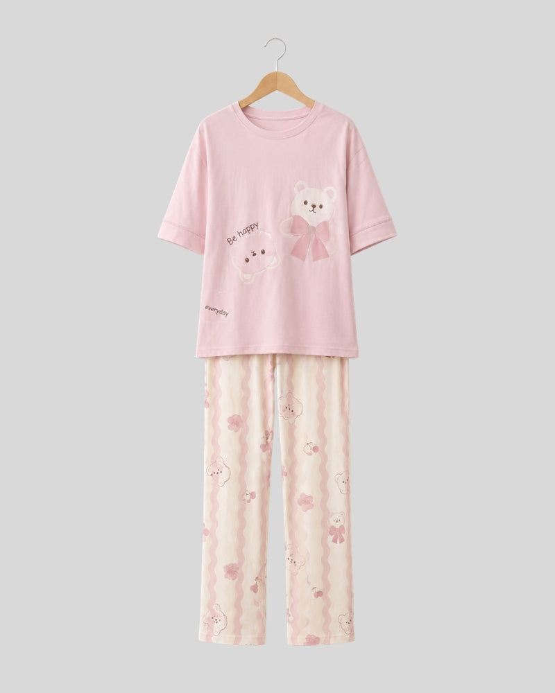 Pink Cute Bear Printed PJ Set