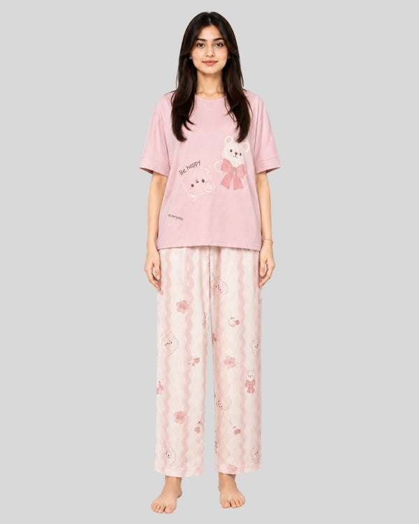 Pink Cute Bear Printed PJ Set