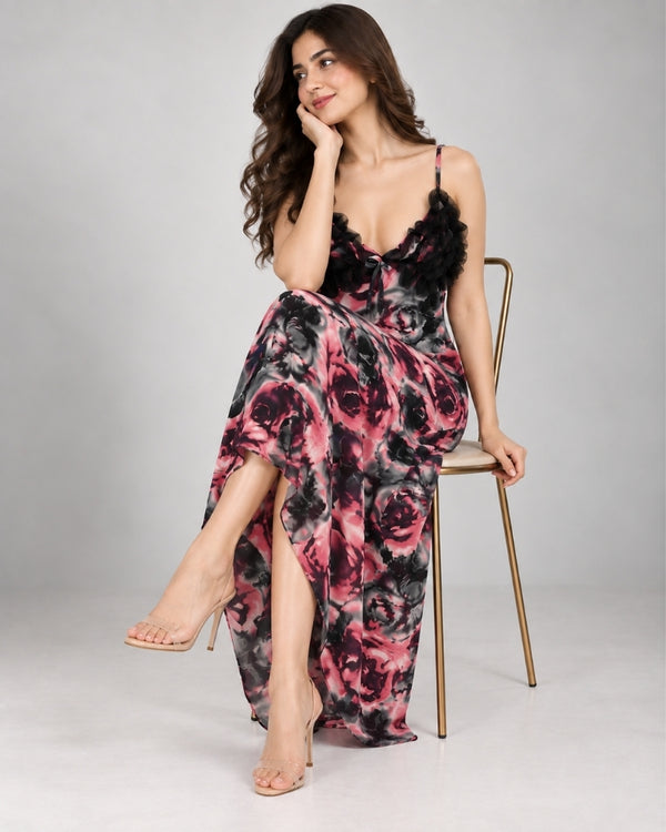 Rose Noir Floral Satin Maxi Nightdress