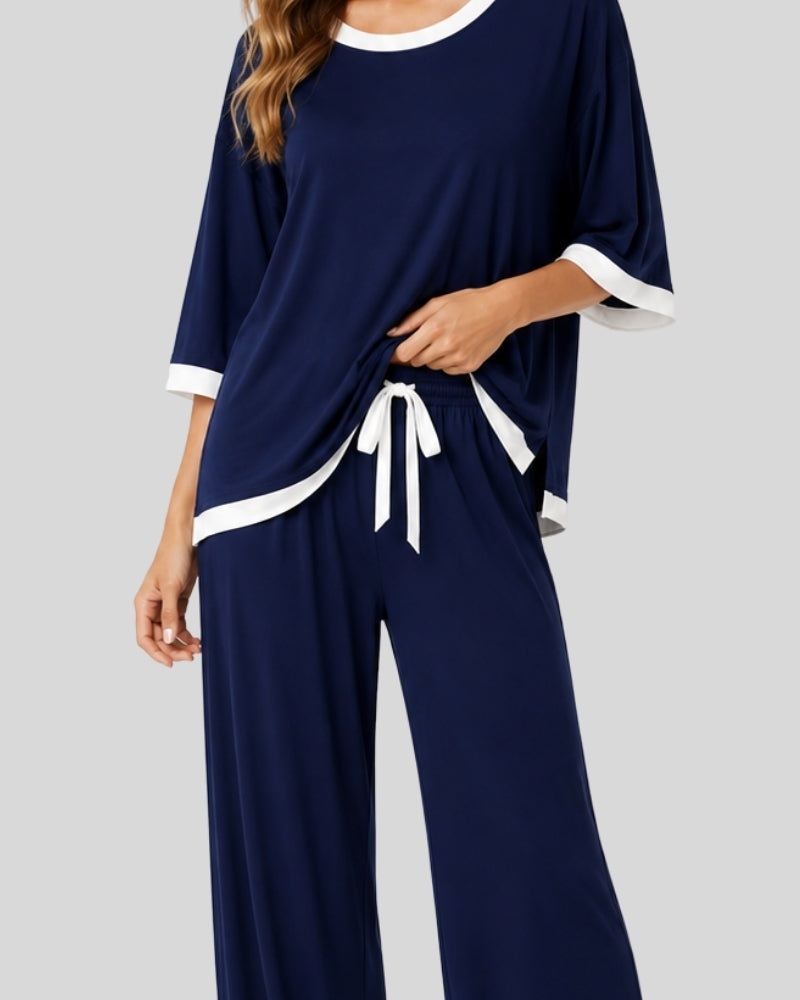 Navy Blue White Round Neck Lounge PJ Set