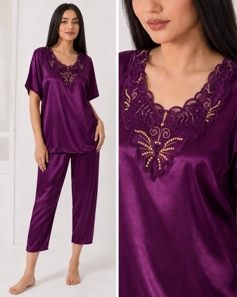 Plum Elegance Lace Satin Nightwear Set