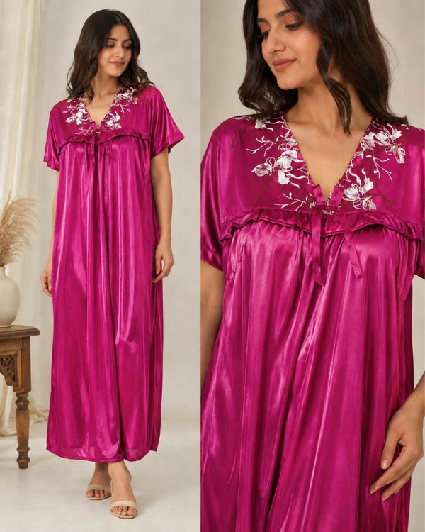 Fuchsia Bloom Satin Maxi Nightdress
