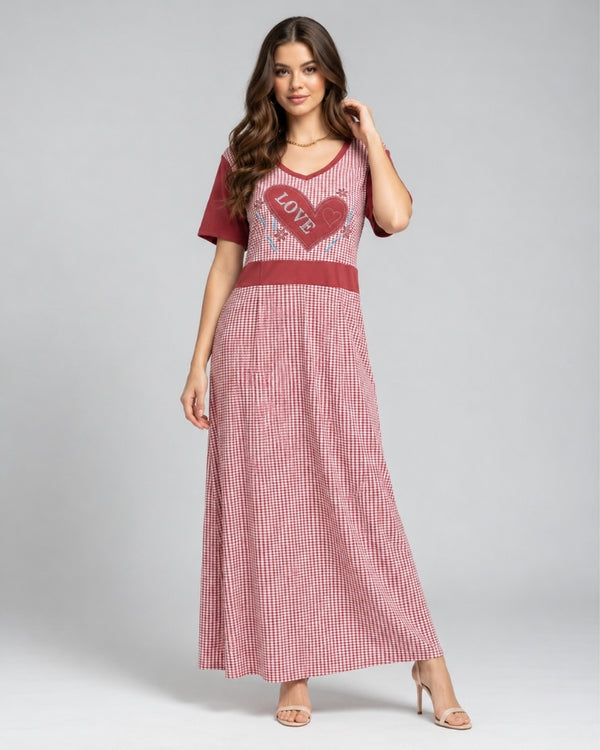 Dusty Rose Love Check Maxi Nightdress