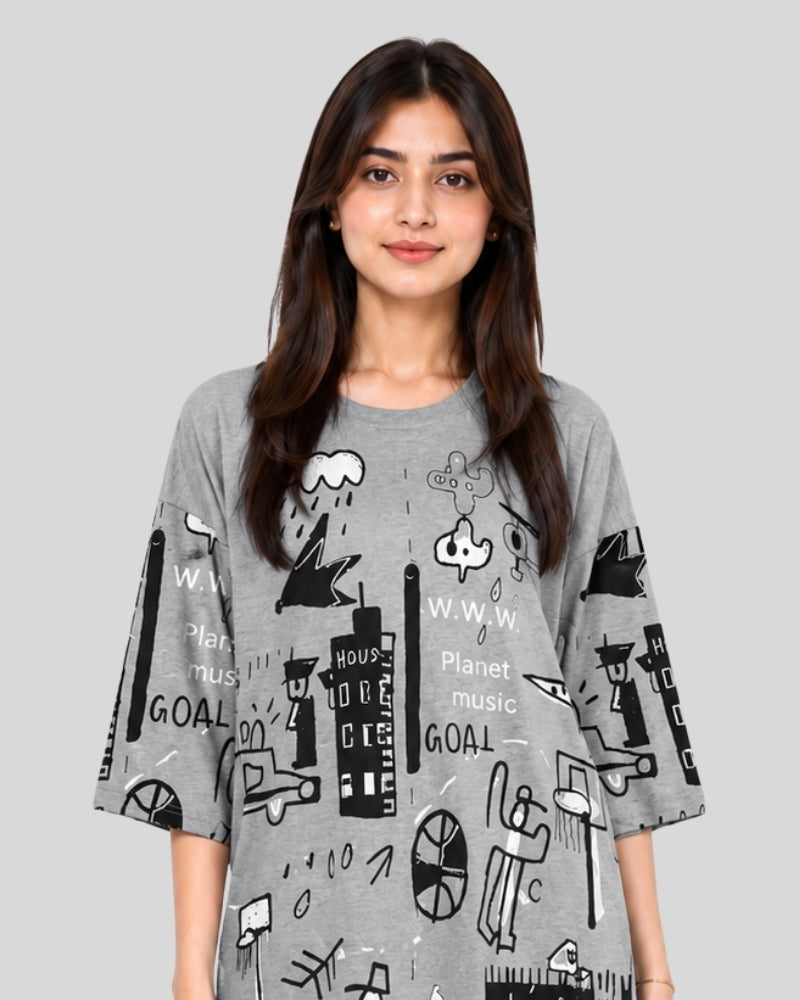 Midnight Sketch Printed PJ Set ( Grey Planet )