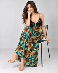 Teal Mocha Floral Satin Maxi Nightdress