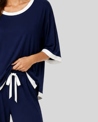 Navy Blue White Round Contrast Lounge PJ Set