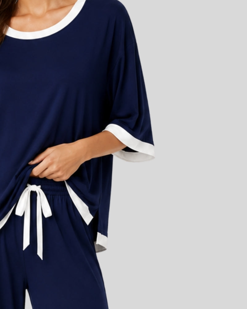Navy Blue White Round Neck Lounge PJ Set