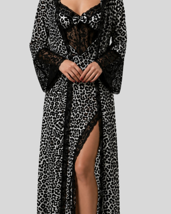 Grey Leopard Lace Three-Piece Robe Set