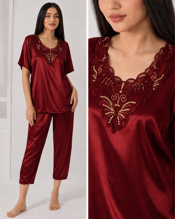 Wine Elegance Lace Satin Nightwear Set