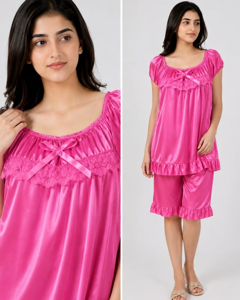 Pink Ruffle Satin Nightwear Set
