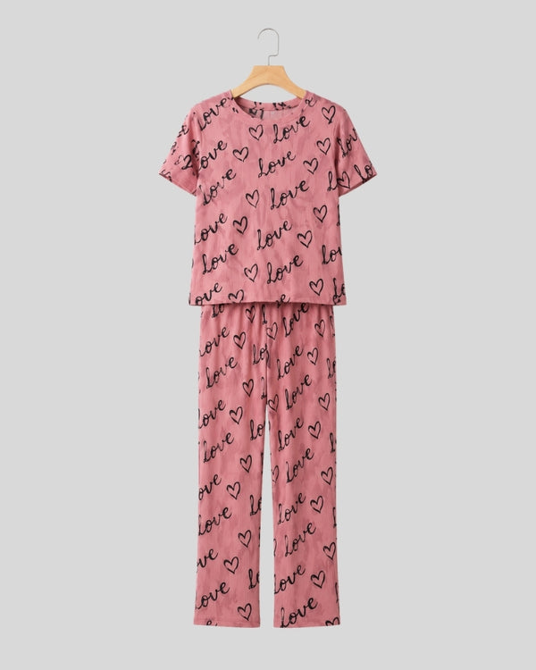 T Pink Love Heart Printed Lounge PJ Set