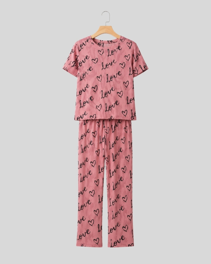 T Pink Love Heart Printed Lounge PJ Set