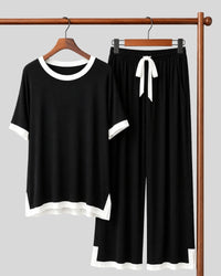 Black White Round Neck Contrast Lounge Set