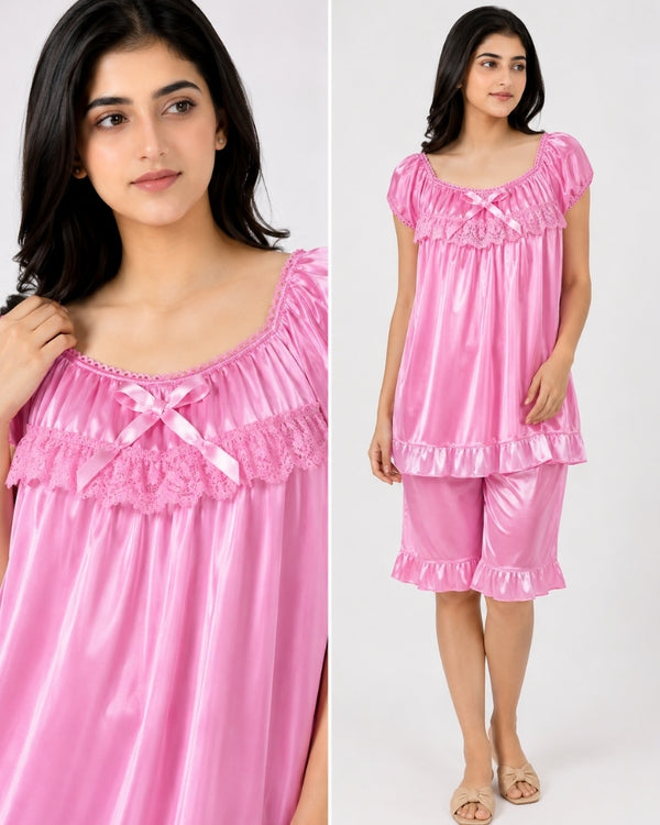 Rose Ruffle Satin Nightwear Set