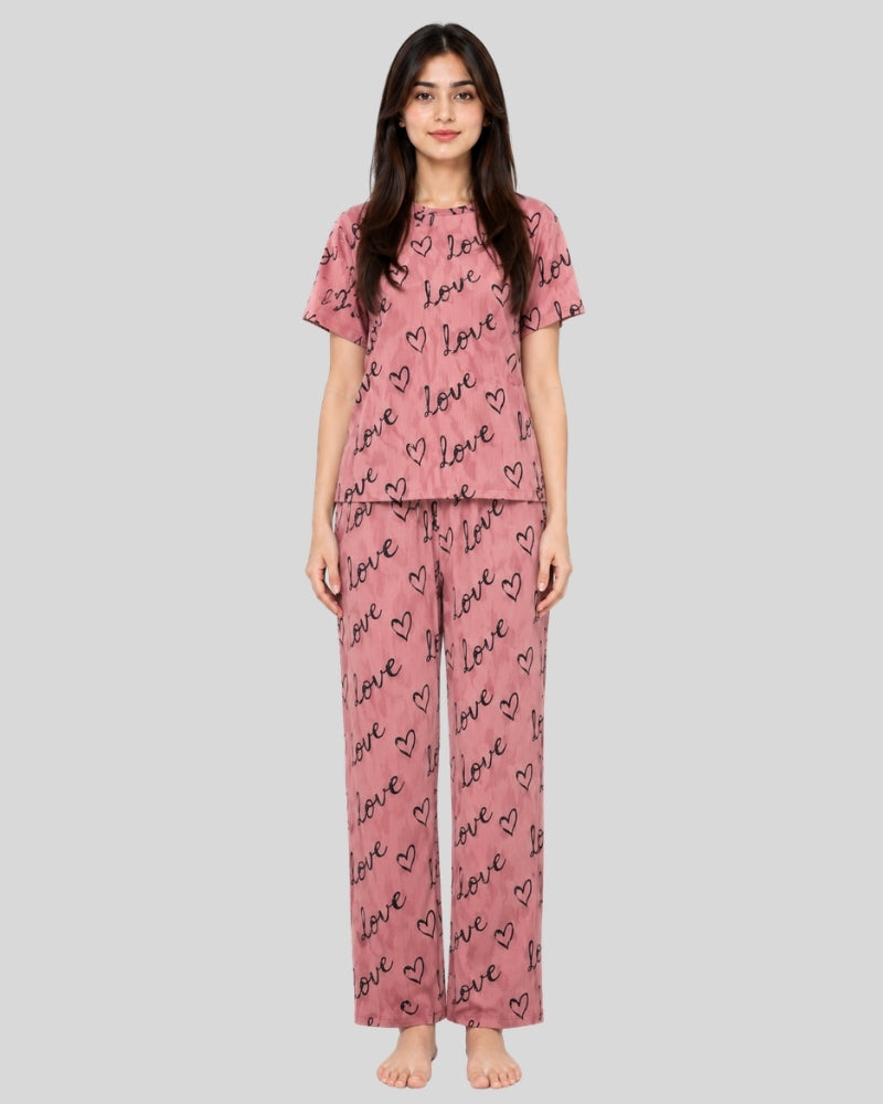 T Pink Love Heart Printed Lounge PJ Set
