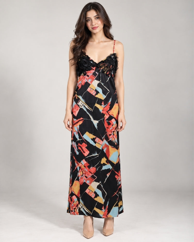 Noir Abstract Ruffle Satin Maxi Nightdress