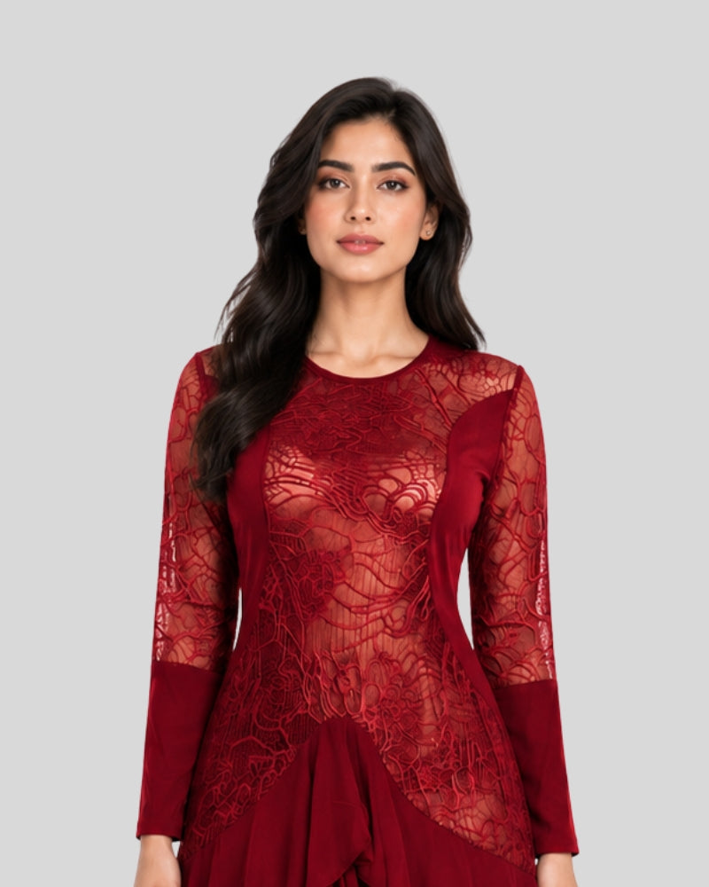 Maroon Lace Cascade Dress