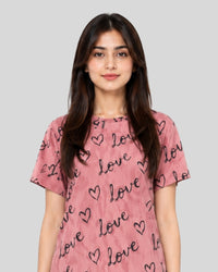 T Pink Love Heart Printed Lounge PJ Set